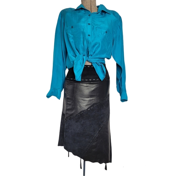 Vintage Y2K Danier black leather and suede asymmetrical midi skirt size 2 - Picture 3 of 15